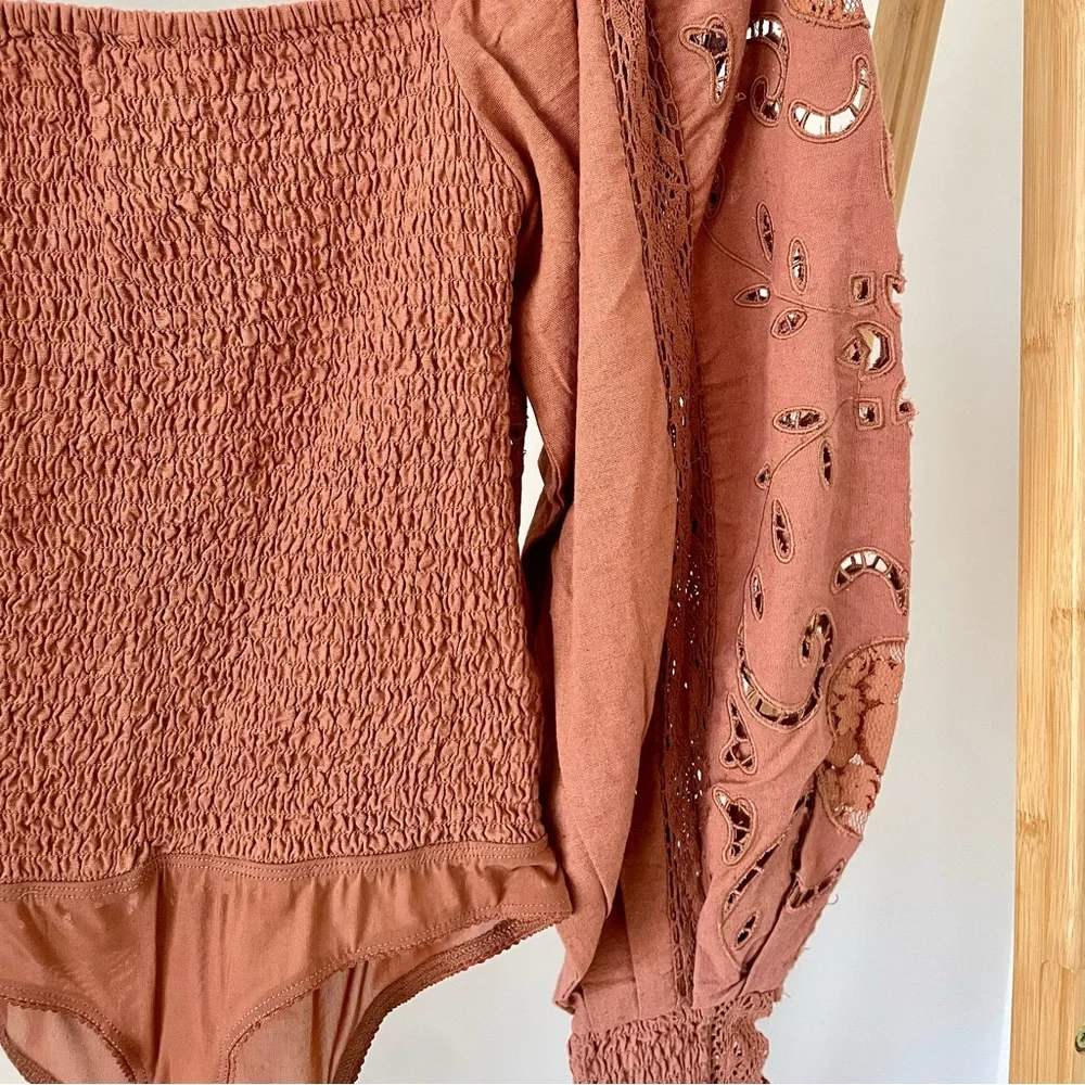 NWT Free People Intimately Regina Lace Eyelet Bodysuit in Terracotta - M
